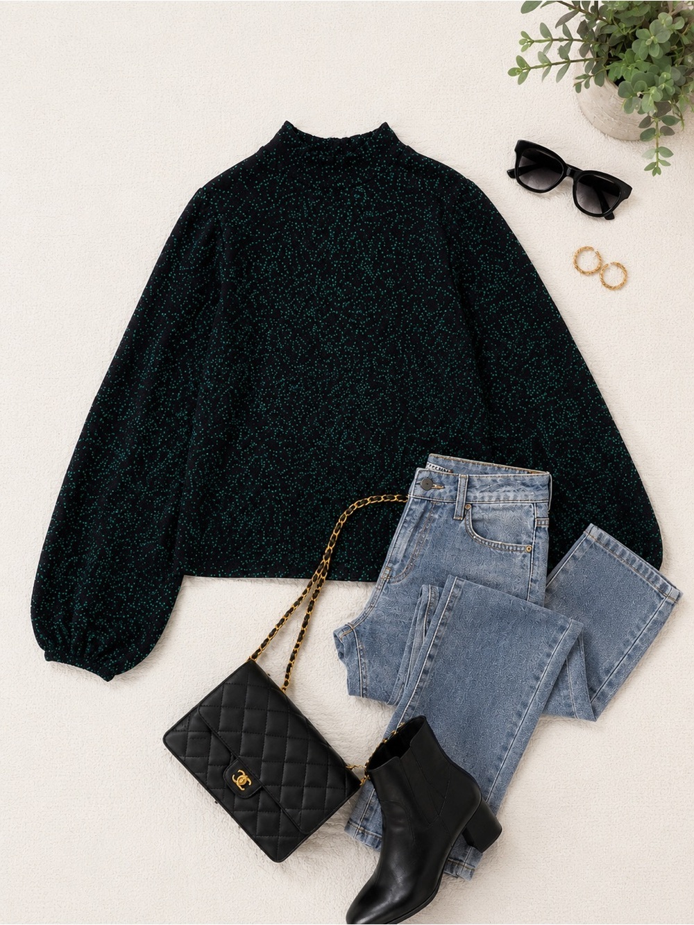 Zara Textured Floral Blouse Puff Sleeve Open Back Top Black Green Size S